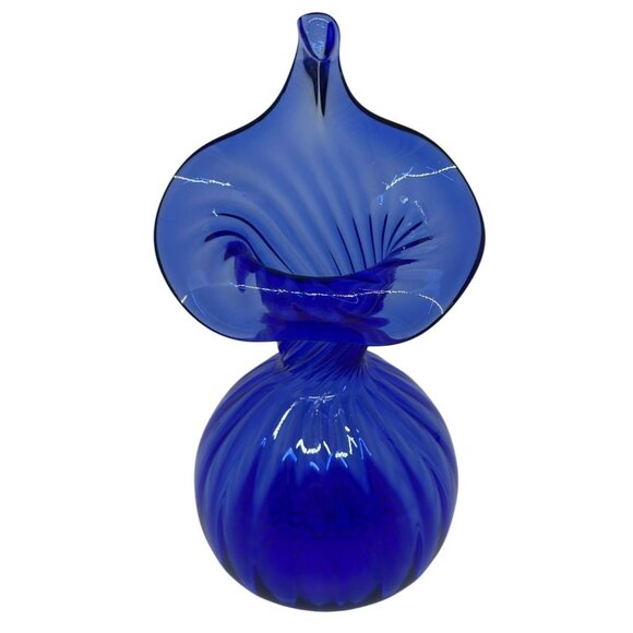 VTG MCM Sapphire Jack-in-the-Pulpit Vase Hand Blown Ribbed Glass Decor – 7"x3.5" - Picture 1 of 7